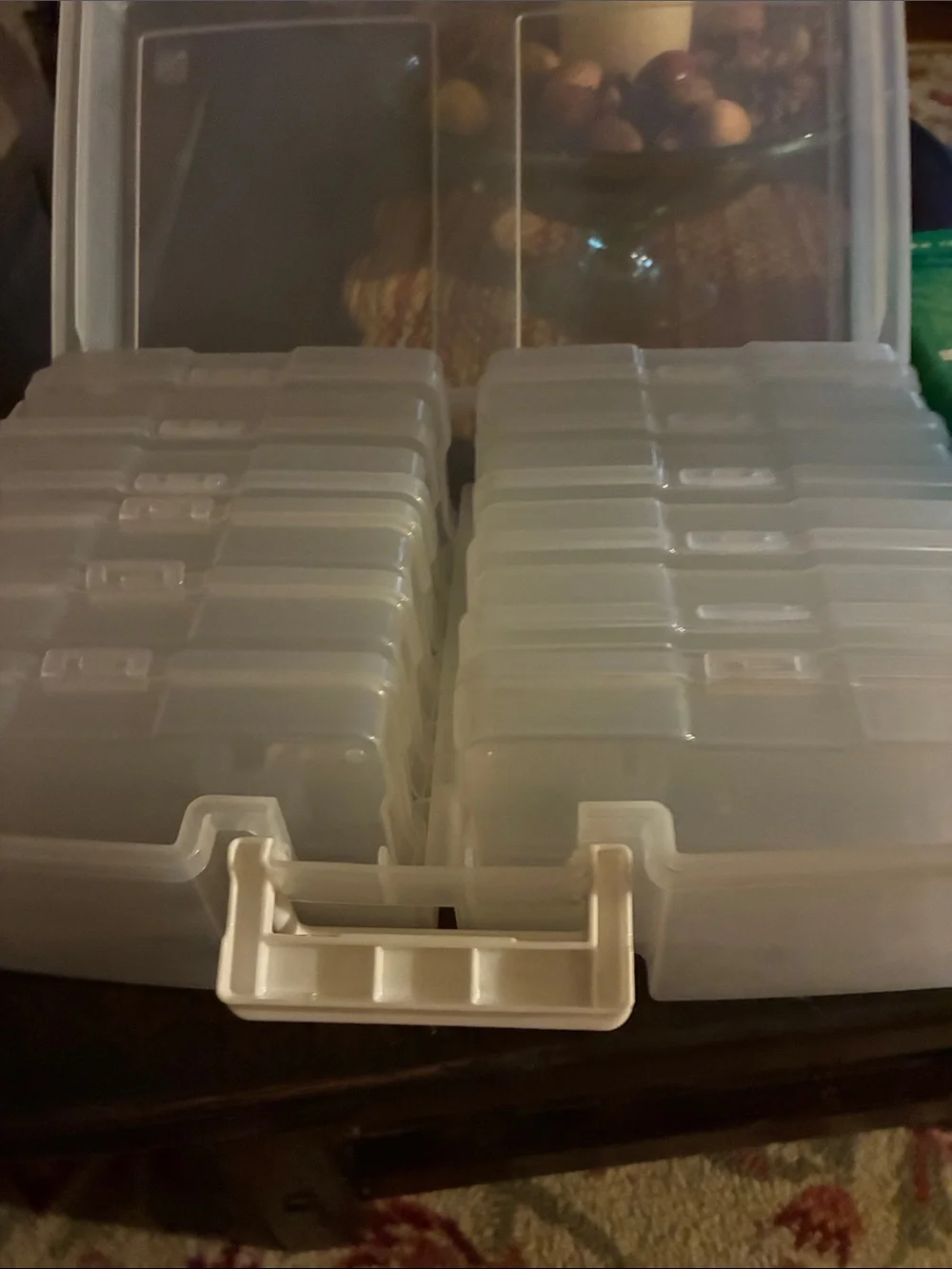 Clear Plastic Storage 4x6 photo Organizer Box with White Latch.